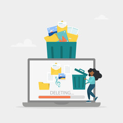 Delete concept. The character deletes data on the laptop and moves unnecessary files to the trash. Cleaning digital memory. Vector illustration.
