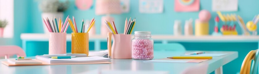 A vibrant classroom corner with curriculum posters, colorful stationery, and educational materials