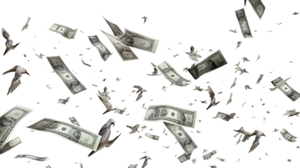 Flying 100 American dollars banknotes transparent background.