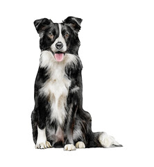 Obraz premium Black and white border collie dog sitting watercolor illustration isolated. Hand-drawn dog breeds collection
