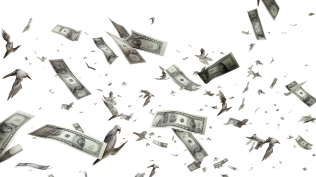 Flying 100 American dollars banknotes transparent background.