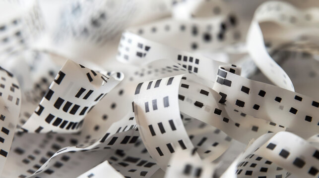 Strips of paper tape with Morse code dots and dashes imprinted, either being fed through a machine or scattered around the workspace.