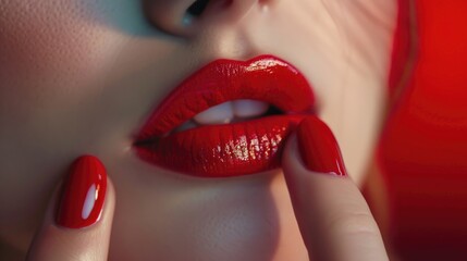 A close-up shot of a woman with bold red lipstick
