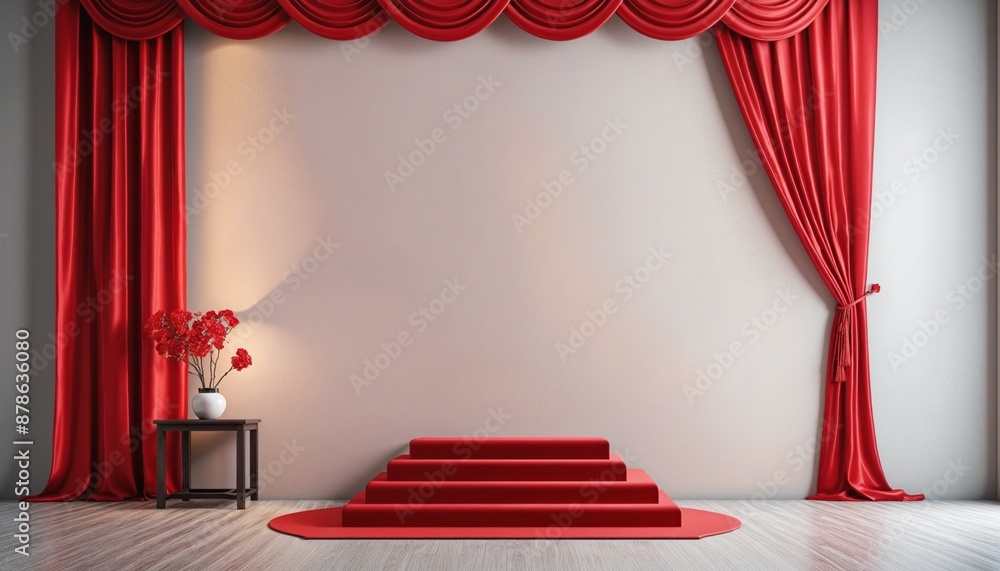 Poster minimalist holiday showcase: blank interior layout with texture and gradient red background for prod
