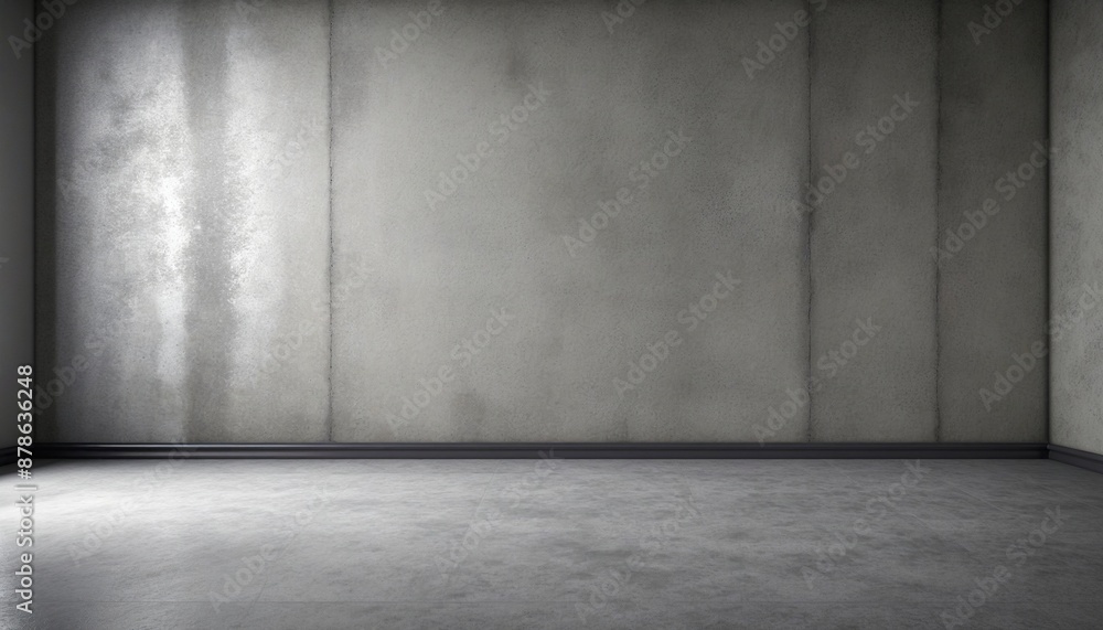 Poster an empty concrete studio space with vintage rustic charm and soft shadows, showcasing a grungy grey 