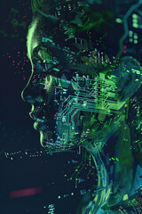 human encoding and artificial intelligence in high resolution with moving background image stock video footage, in the style of navy and green