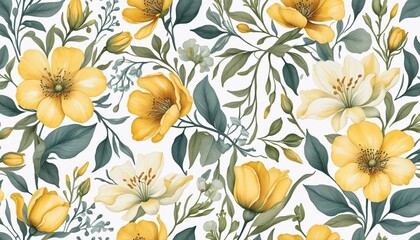 Beautiful rose and blue floral pattern with seamless design in watercolor on a yellow background