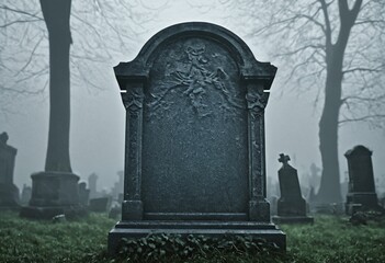 Close-up view of a nameless tombstone in a dark foggy graveyard