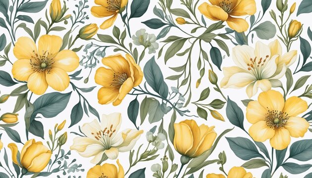 Beautiful rose and blue floral pattern with seamless design in watercolor on a yellow background