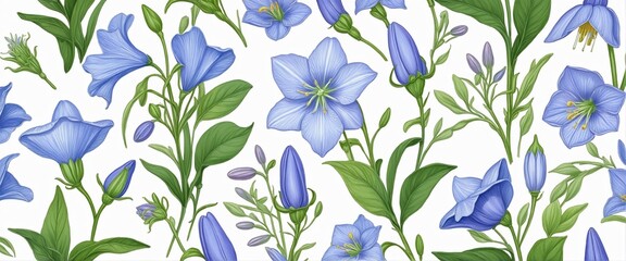 Fototapeta premium A collection of hand-drawn wild herb illustrations featuring vibrant purple harebell flowers in a glass vase