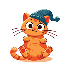 Funny ginger cat in a blue knitted hat. International Cat Day. Cartoon flat vector illustration.