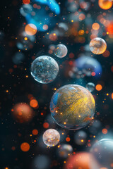 A close-up shot of colorful bubbles floating against a dark background with glowing lights