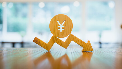 Yen symbol model and down arrow  concepts of systems of raising or lowering Fed interest rates,...