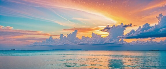 Cartoon landscape with soft pastel colors, dramatic clouds, and beautiful sunlight by the sea, showcasing the four seasons in a panoramic view
