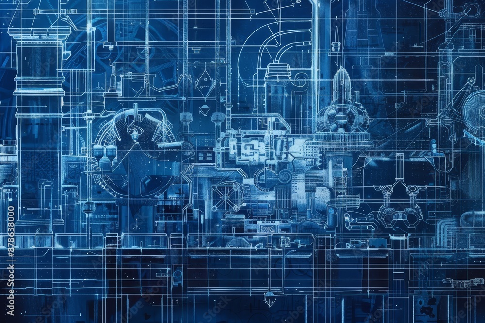 Poster detailed blueprint of a complex mechanical machine in a factory setting, blueprint illustration of a