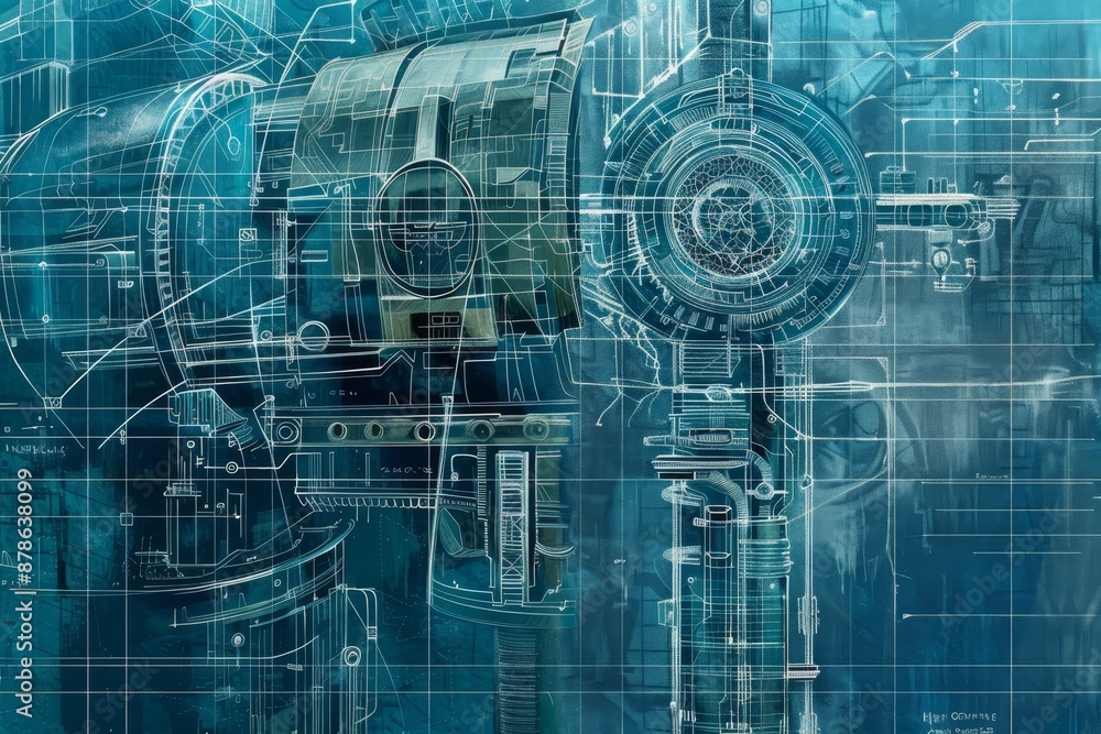 Poster drawing of a complex machine with detailed blueprints on top, showing intricate mechanics, blueprint