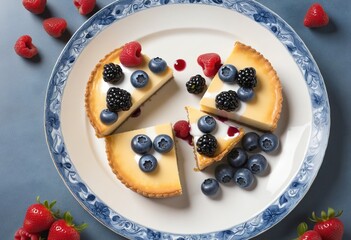 Delicious baked cheesecake with fresh blueberries on a circular plate, a mouthwatering dessert option at your favorite eatery