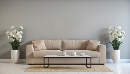 Modern interior design with an open concept layout, featuring a luxurious sofa, contemporary furniture, and a blank wall mock-up background