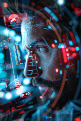 the man's face in a computer screen, in the style of science-fiction dystopias, neurocore
