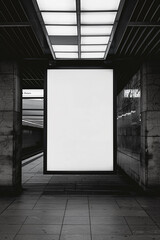 very sharp photo of an big advertising sign, in black and white style, placed in the middle of the picture