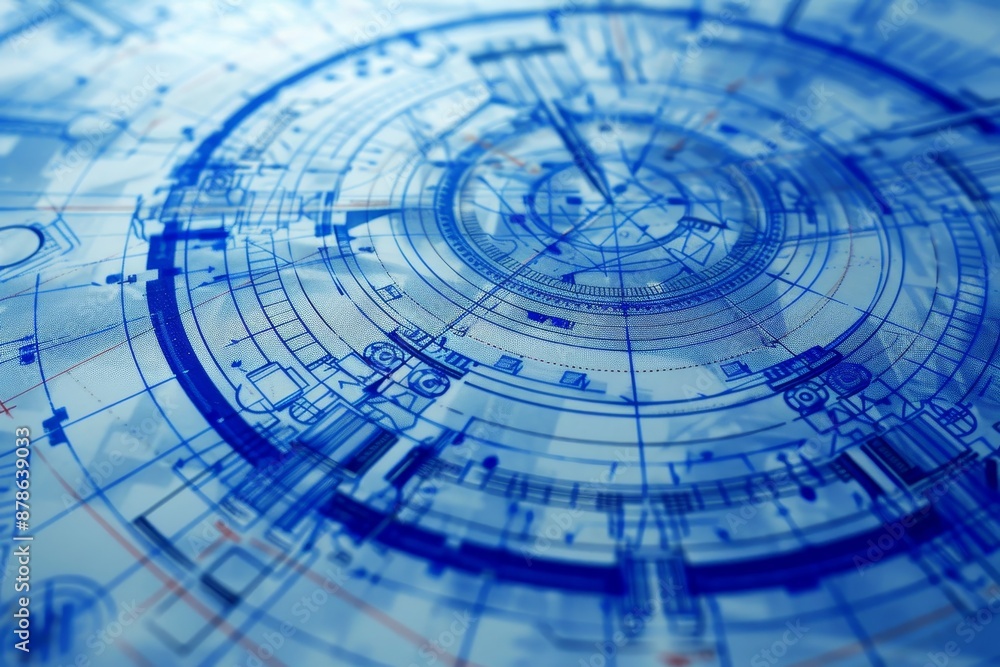 Poster close-up of a detailed blueprint sketch of a clock design, showing intricate details and measurement