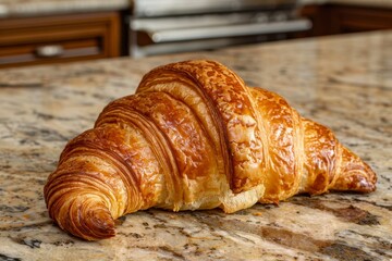 A perfectly baked croissant, perfectly golden brown with its flaky crust and warm, inviting aroma, resting on the marble countertop of an elegant kitchen.