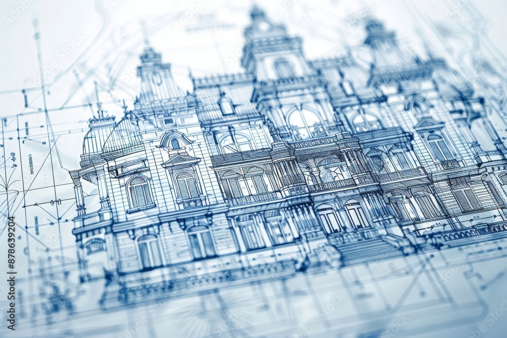 Poster blueprint showing detailed design of a building with a clock tower, blueprint sketches of intricate 