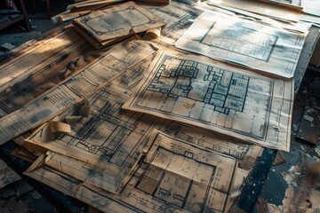 Wooden boards stacked on top of a table with blueprints scattered around, Blueprints scattered on makeshift tables for reference