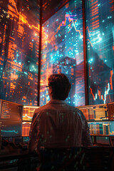 A person sits in front of a computer, surrounded by multiple monitors displaying financial data and stock charts