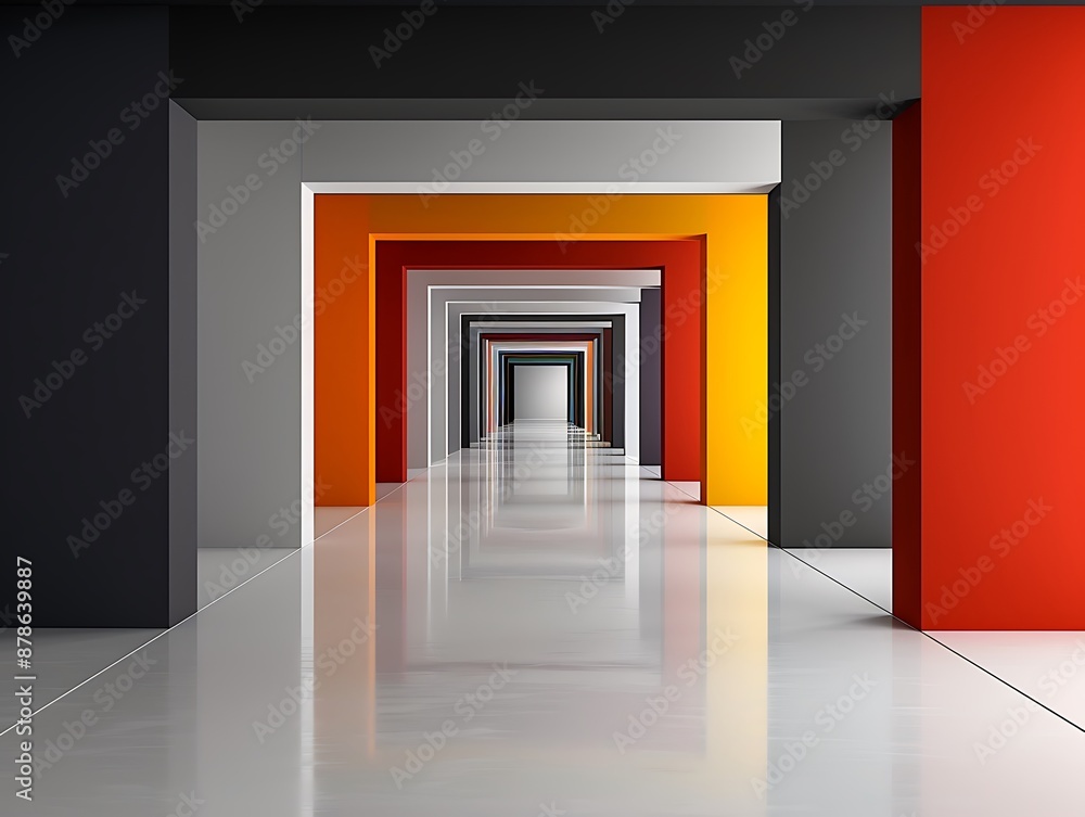 Poster generate an image of a modern, abstract interior space with vibrant hues and sleek lines, similar to