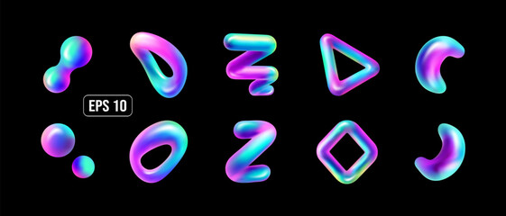 Set of 3D holographic fluid shapes. Isolated vector illustrations.