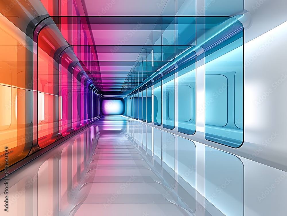 Poster generate an image of a modern, abstract interior space with vibrant hues and sleek lines, similar to