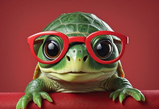 Smart and cute green turtle with glasses in a zoo setting, thinking and crawling slowly with a happy and funny expression on its face, isolated on a grey background