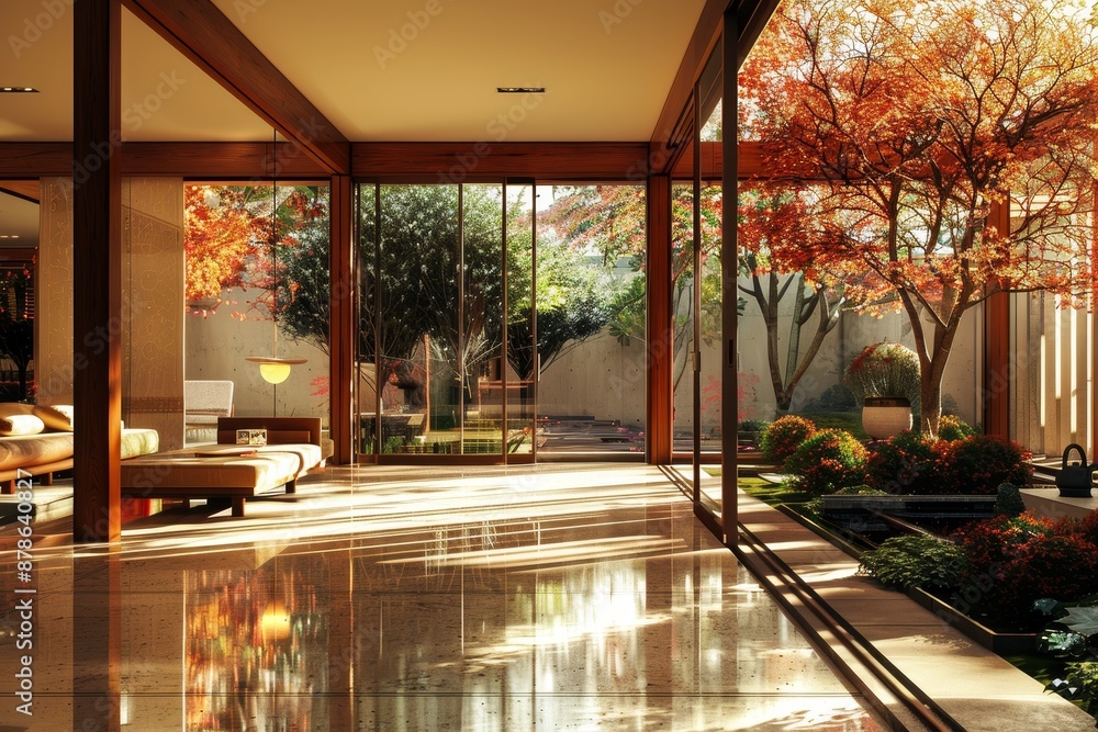 Poster a room filled with furniture and multiple windows letting in ample sunlight, blur the boundaries bet