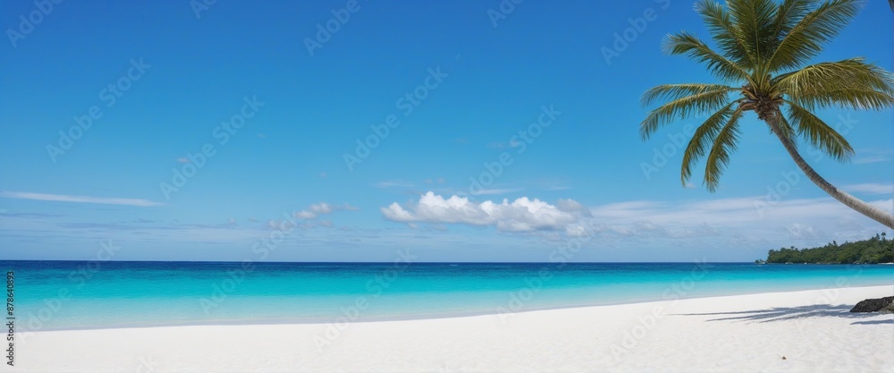 Wall mural untouched tropical paradise with turquoise waters, coconut palms, and a white sandy beach on a sunny