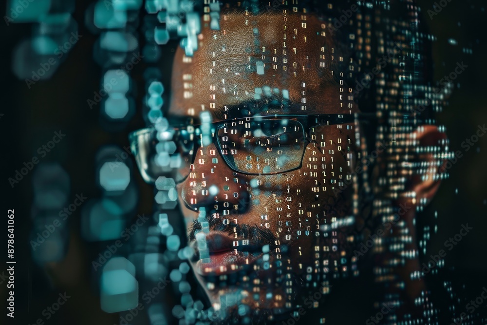 Poster a man wearing glasses is focused on a computer screen in a room, blur the lines between man and mach