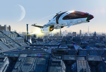 A small futuristic spaceship flying across an industrial city landscape on an alien planet