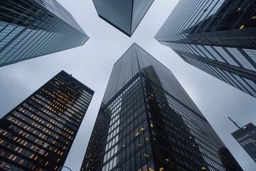 A city skyline with four tall buildings, including a large tower. The buildings are lit up at night, creating a sense of energy and activity. The sky is cloudy, adding a moody atmosphere to the scene