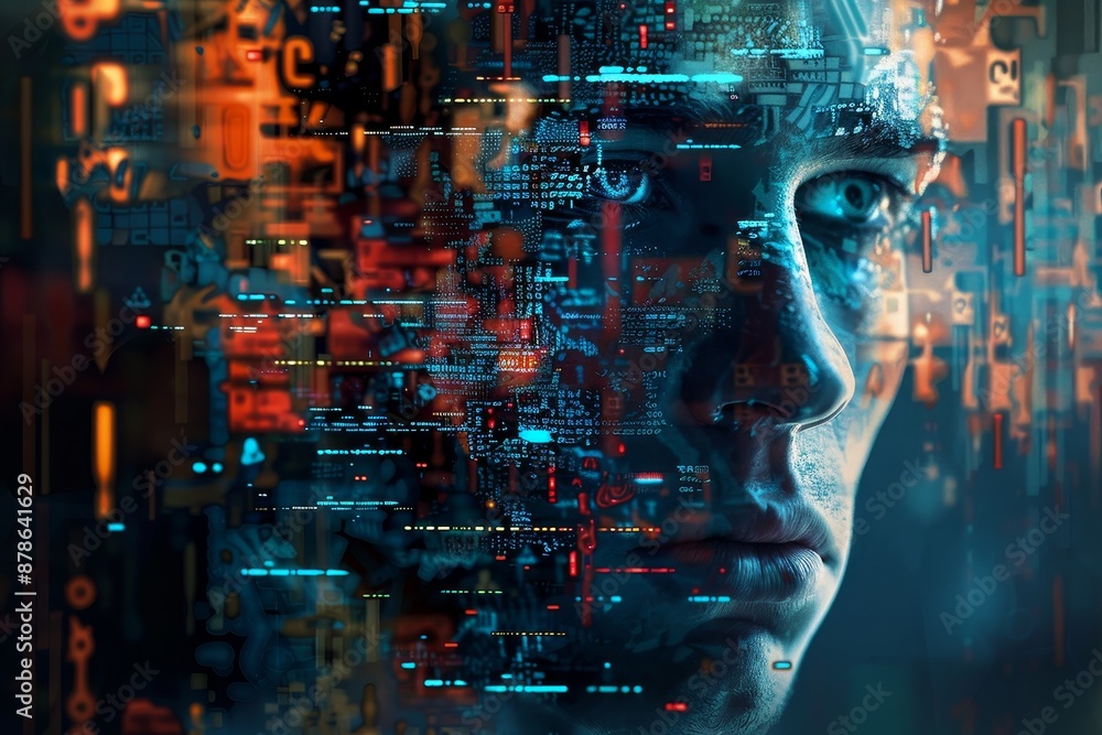 Poster a mans face with numerous numbers emerging, blurring the lines between man and machine, blur the lin