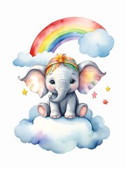 Cute baby elephant sitting on the cloud with rainbow and stars in the sky. Watercolor illustration for design, artwork, template, story book, nursery decor, wallpaper