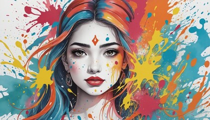 Traditional Indian illustration capturing the joy and vibrancy of the Holi festival through watercolor and splatter paint techniques