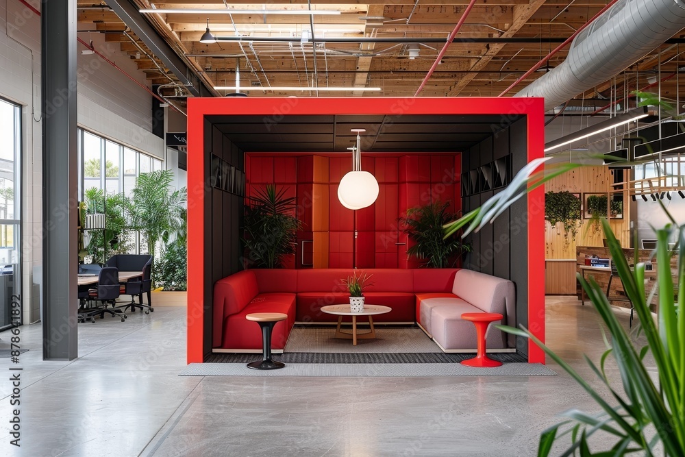 Poster a room featuring a couch and a table, blurring the lines between home and office in a hybrid work se