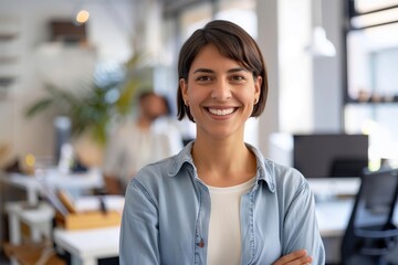 A woman is smiling and posing for a picture in an office setting. She is wearing a blue shirt and white shirt