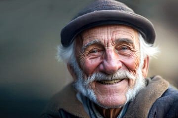 An old man with a hat and beard smiles looking at the camera. The image has a calm and peaceful mood