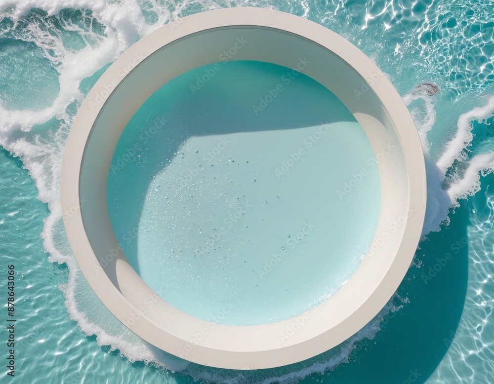 Poster modern, minimal 3d render of an empty cylinder frame in a swimming pool setting with water caustics,