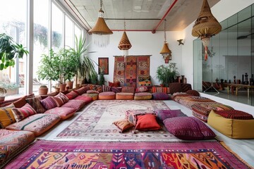 A vibrant bohemian living room with an abundance of colorful pillows and rugs creating a cozy and inviting space, Bohemian living room with floor cushions and colorful tapestries