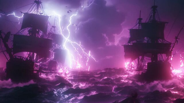 Pirate ships fighting during a storm