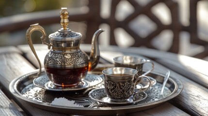 Fototapeta premium Ornate Silver Tea Set With Teacups and Saucers on a Tray Outdoors