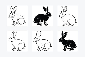 Naklejka premium Hare silhouette set. Vector illustration black and white