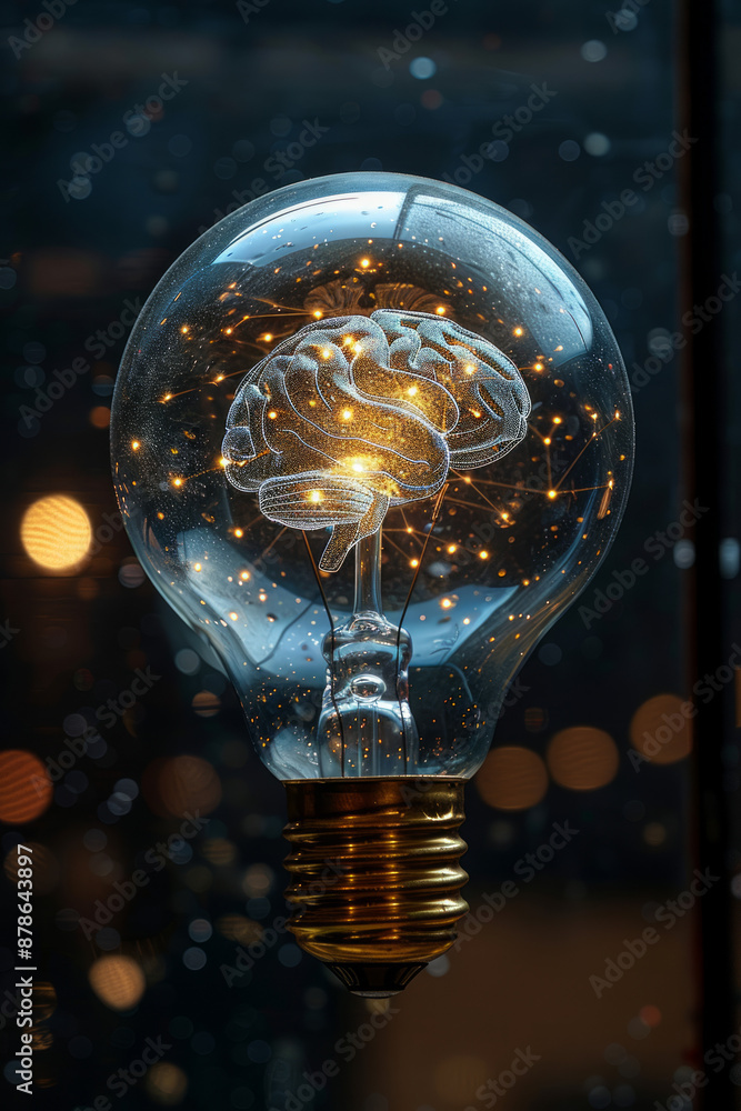 Poster a clear light bulb with a brain shape illuminated inside